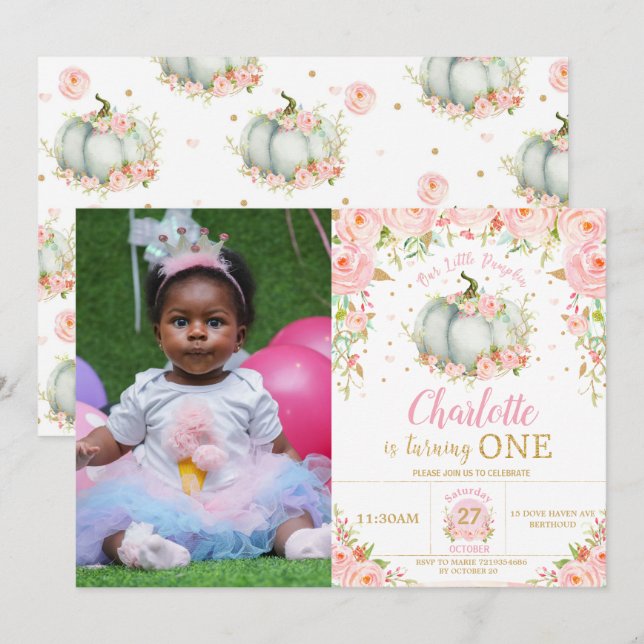 Invitación Floral rosa Pequeña Chica de calabaza Primer cumpl (Anverso / Reverso)