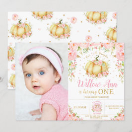 Invitación Floral rosa Pequeña Chica de calabaza Primer cumpl