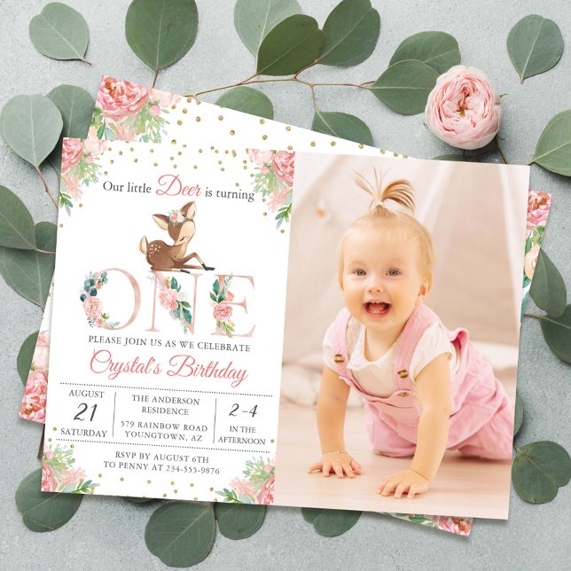 Invitación Floral rosa Pequeño ciervo foto de primer cumpleañ (Subido por el creador)