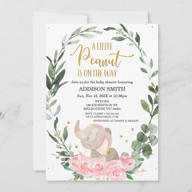 Invitación Floral rosa pequeño elefante de cacahuate Baby Sho (Anverso)