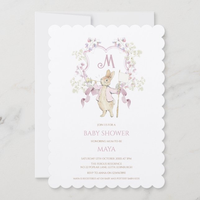 Invitación Floral rosa Peter el Monograma Conejo Baby Shower (Anverso)