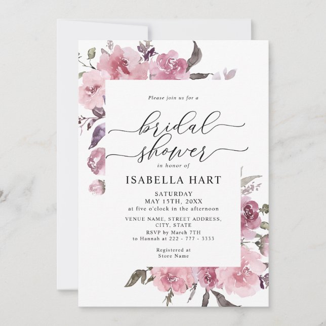 Invitación Floral Rosa polvoriento Rubor Flores rosadas ducha (Anverso)