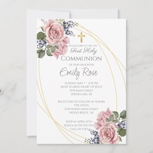 Invitación Floral rosa primera comunión sagrada (Anverso)
