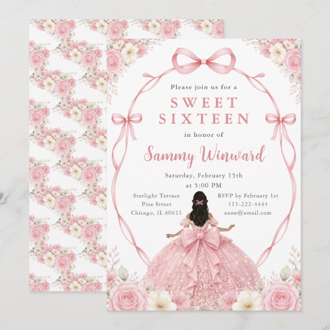 Invitación Floral Rosa Princesa Negra Cumple Dulces Dieciséis (Anverso / Reverso)