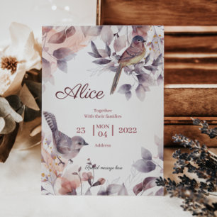 Invitación Floral rosa púrpura con ducha de bebé Birds