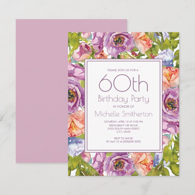 Invitación Floral rosa púrpura Lilac 60 Años Mujeres (Anverso / Reverso)