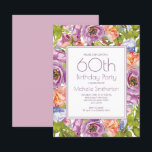 Invitación Floral rosa púrpura Lilac 60 Años Mujeres<br><div class="desc">Hermosa,  colorida lila morada y acuarela rosa floral botánica 60 cumpleaños invitación a las mujeres. Contáctenos para obtener ayuda sobre la personalización o la correspondencia de productos.</div>