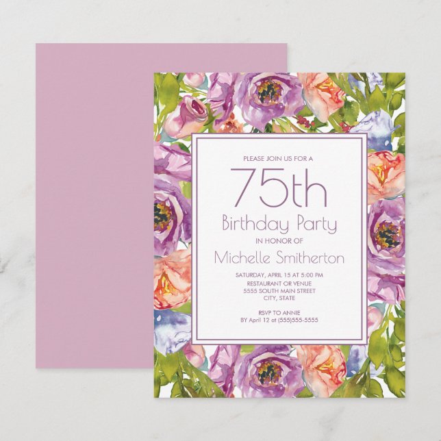 Invitación Floral rosa púrpura Lilac 75 Años Mujeres (Anverso / Reverso)
