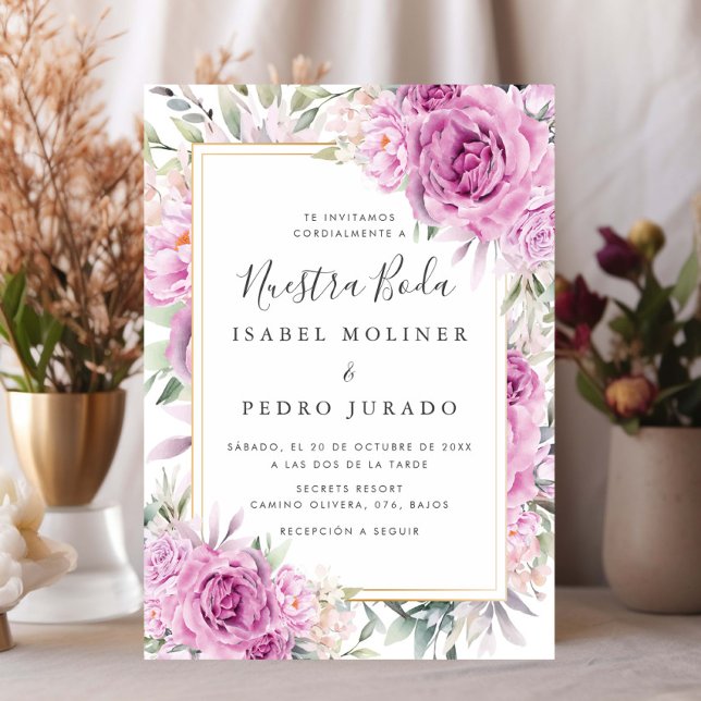 Invitación Floral Rosa púrpura Nuestra Boda Boda española (Subido por el creador)