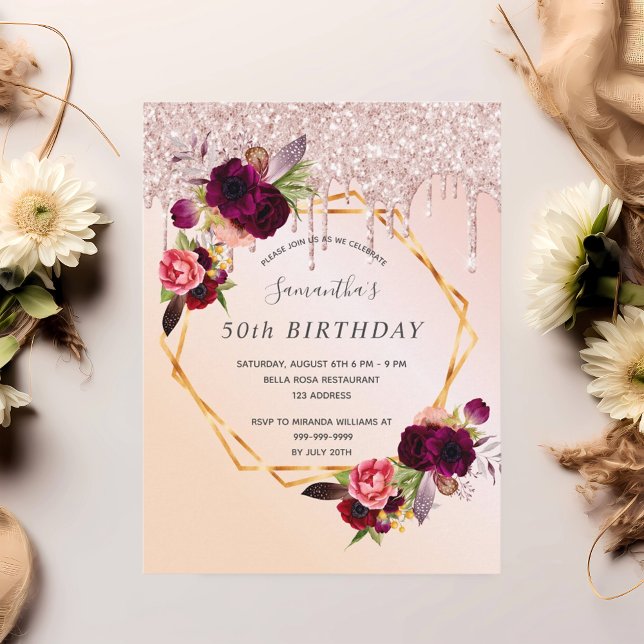 Invitación floral rosa purpurina de oro de fiesta  (Subido por el creador)