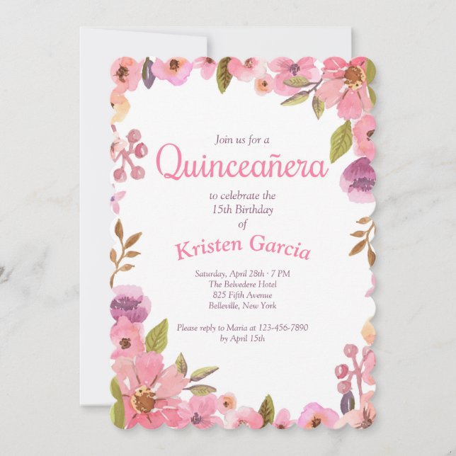 Invitación Floral rosa Quinceañera (Anverso)