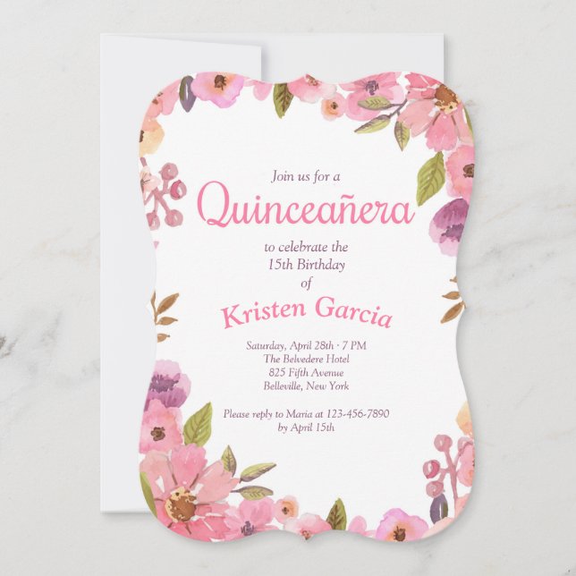 Invitación Floral rosa Quinceañera (Anverso)