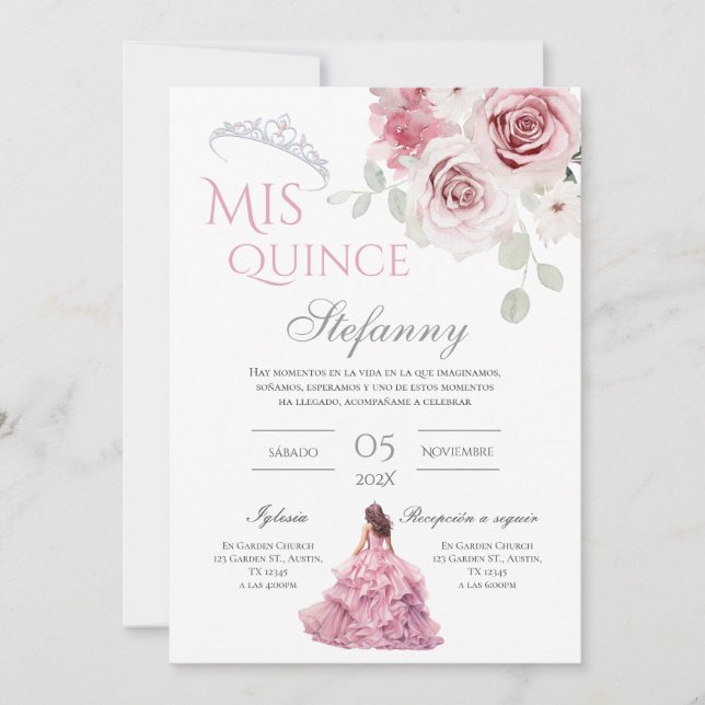 Invitación Floral rosa Quinceañera Español (Anverso)
