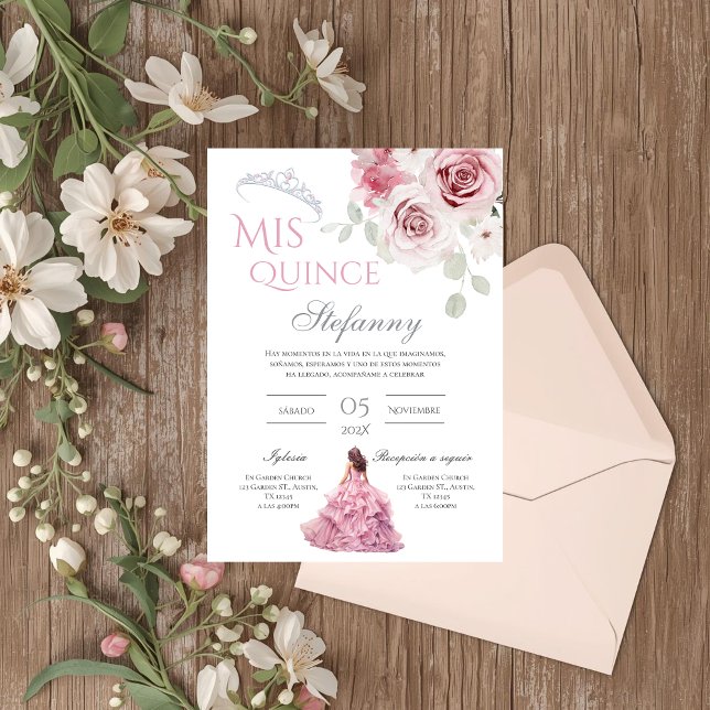 Invitación Floral rosa Quinceañera Español (Subido por el creador)