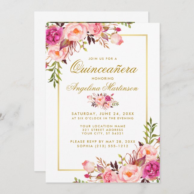 Invitación Floral rosa Quinceanera Gold Photo (Anverso / Reverso)