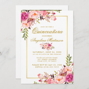 Invitación Floral rosa Quinceanera Gold Photo