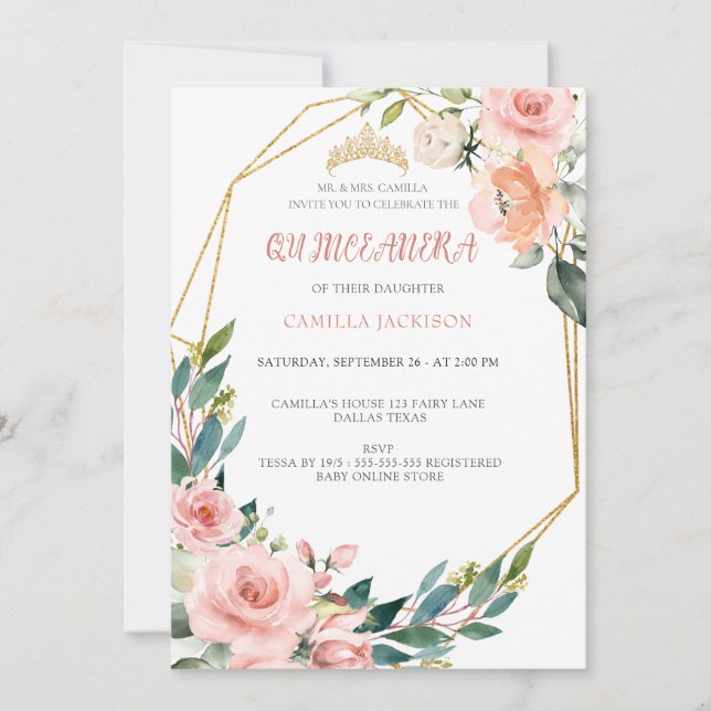 Invitación Floral rosa Quinceanera Rubor Mariposa Tiar (Anverso)