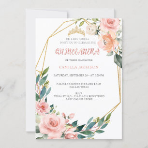 Invitación Floral rosa Quinceanera Rubor Mariposa Tiar