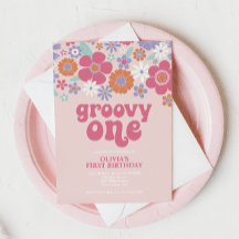 Invitación floral rosa retro groovy uno