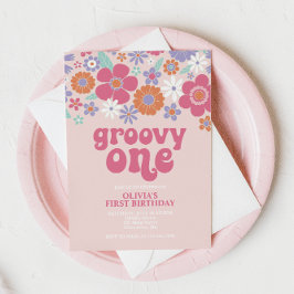 Invitación floral rosa retro groovy uno