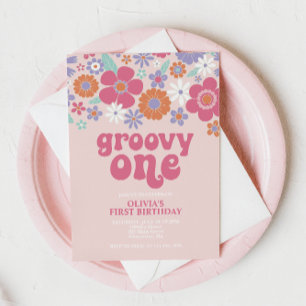 Invitación floral rosa retro groovy uno