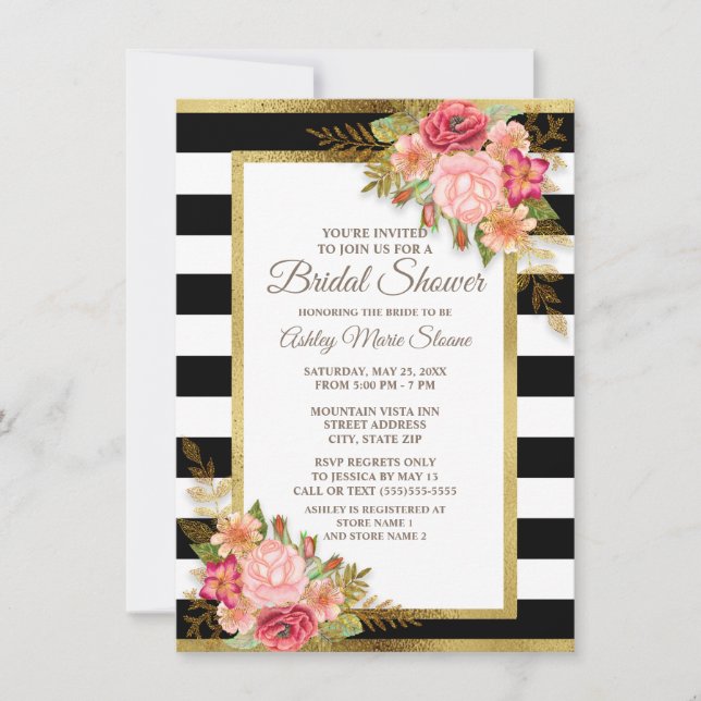 Invitación Floral rosa roja negra franjas blancas doradas (Anverso)