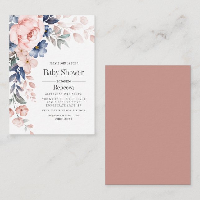 Invitación floral rosa rosa azul de la flor de Bab (Anverso / Reverso)