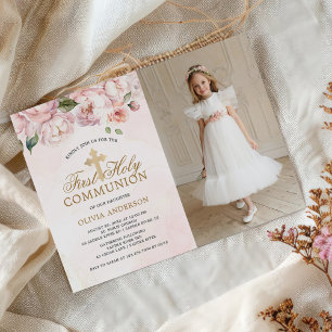 Invitación Floral rosa rosa de Rubor foto de primera comunión