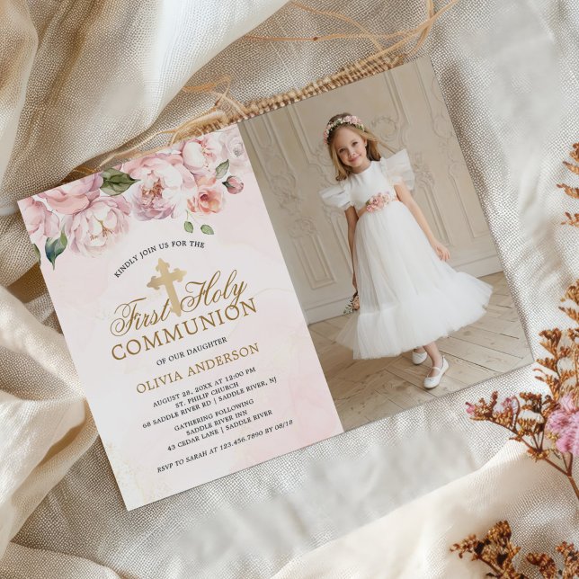 Invitación Floral rosa rosa de Rubor foto de primera comunión (Subido por el creador)