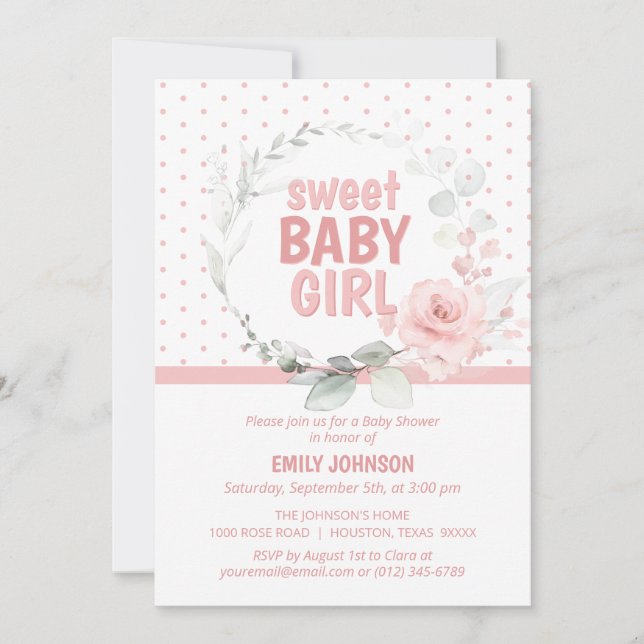 Invitación Floral Rosa Rosa Dulce Bebé Baby Shower (Anverso)