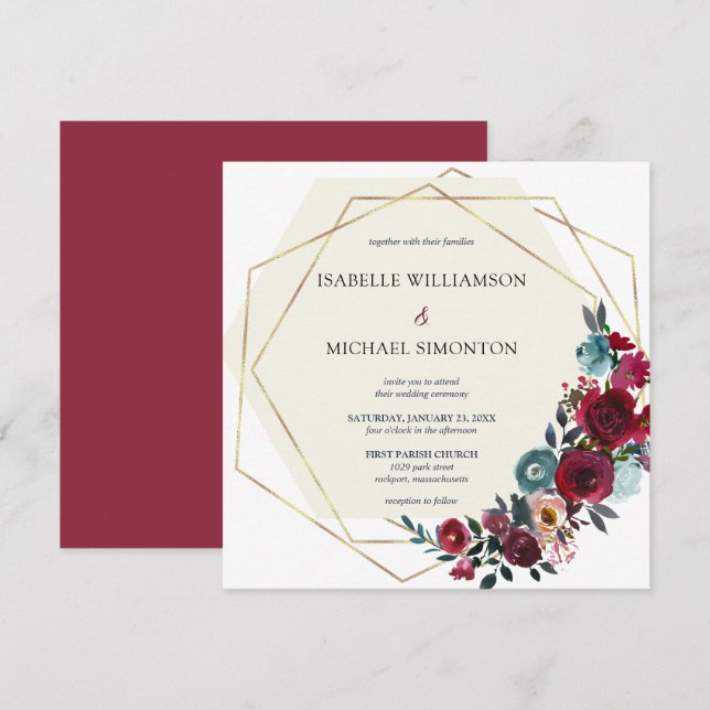 Invitación Floral rosa rosa rosa y rojo borgoña moderna (Anverso / Reverso)