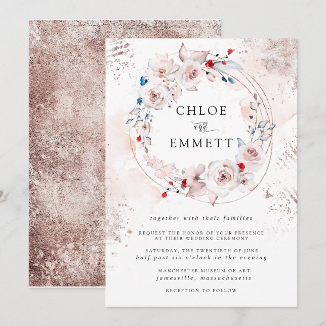 Invitación Floral rosa rosa rustica y Boda de oro (Anverso / Reverso)