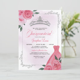 Invitación Floral rosa rosa y blanca Tiara Quinceañera