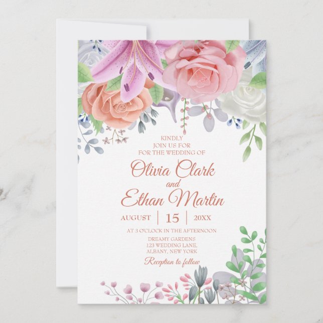 Invitación Floral rosa Rubor (Anverso)