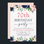 Invitación Floral rosa Rubor azul de la Marina del Partido de<br><div class="desc">Flores florales rosas azul marino y Rubor y acuarela verde 70º (septuagésimo) Las invitaciones a la fiesta de cumpleaños incluyen hermosas y elegantes tipografía de escritura con flores rosadas ruidosas botánicas modernas y azul marino para la celebración especial de cumpleaños setenta.</div>