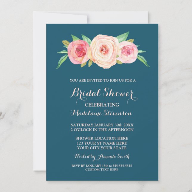 Invitación Floral rosa Rubor azul marino ducha de novia (Reverso)