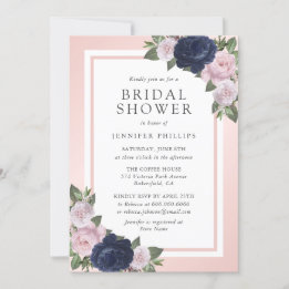 Invitación Floral rosa Rubor azul marino ducha de novia