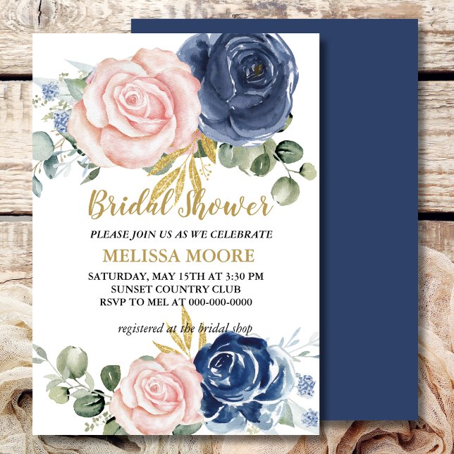 Invitación Floral rosa Rubor azul marino ducha de novia (Subido por el creador)