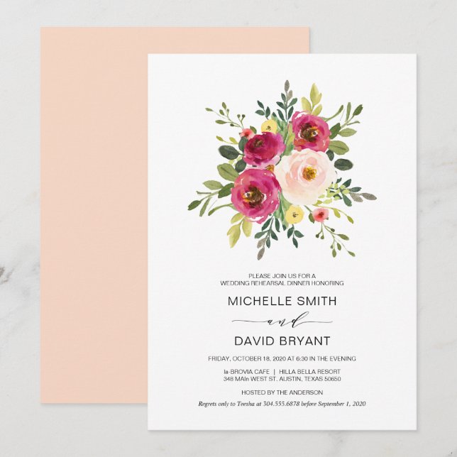 Invitación Floral rosa Rubor, Boda de ensayo (Anverso / Reverso)