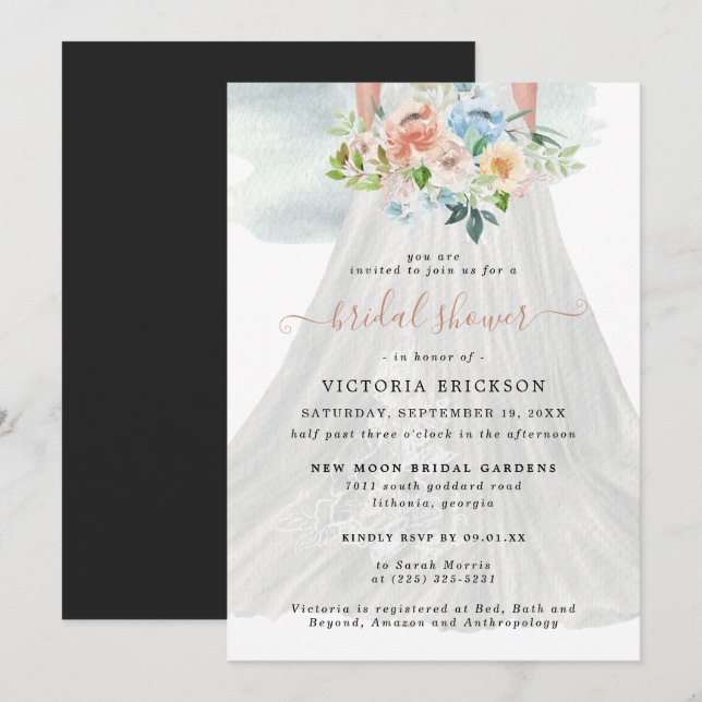 Invitación Floral rosa Rubor | Boda Vestido Bridal Shower (Anverso / Reverso)