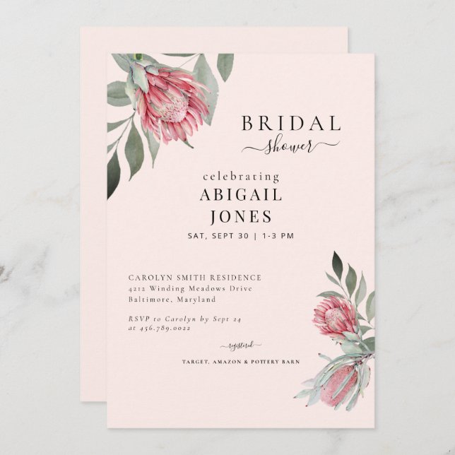 Invitación Floral rosa Rubor Bridal Shower (Anverso / Reverso)