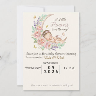 Invitación floral rosa rubor con bebé durmiendo en