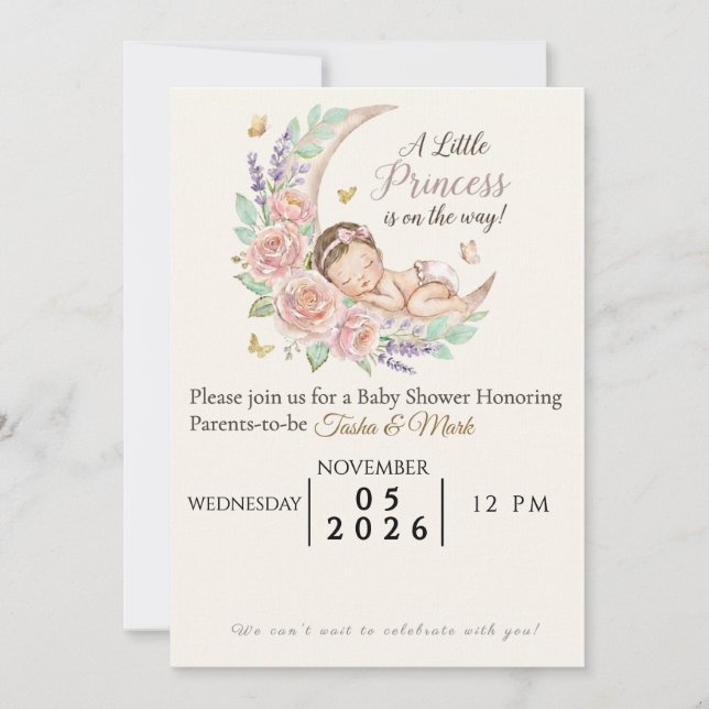 Invitación floral rosa rubor con bebé durmiendo en (Anverso)