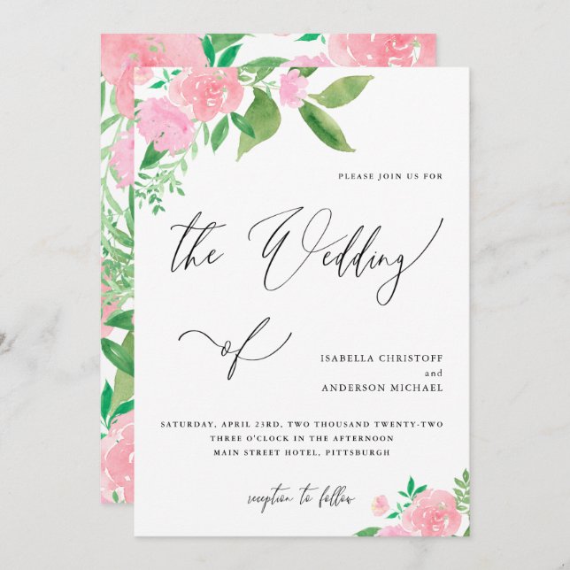 Invitación Floral rosa Rubor con Boda caligráfico (Anverso / Reverso)