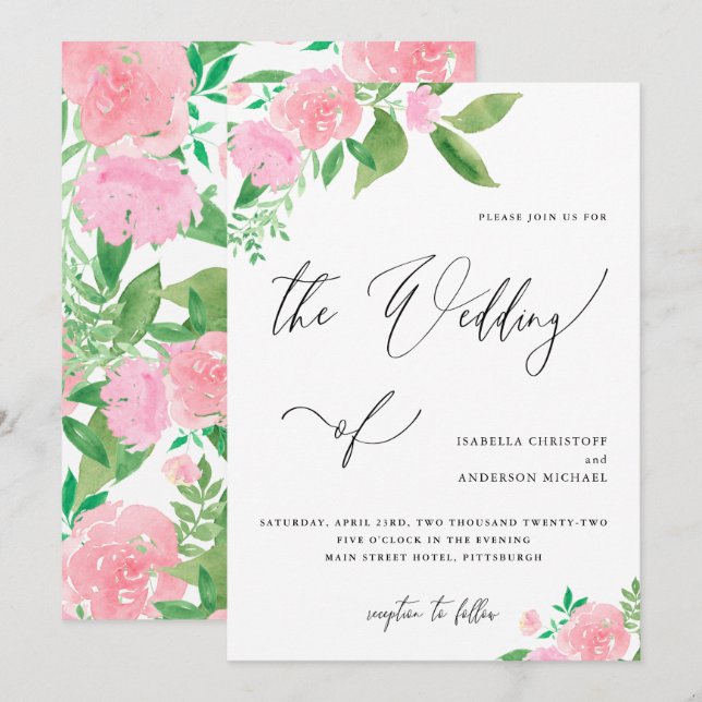 Invitación Floral rosa Rubor con Boda caligráfico (Anverso / Reverso)