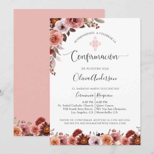 Invitación floral rosa Rubor de confirmación en es (Anverso / Reverso)