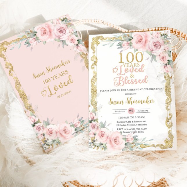 Invitación Floral rosa Rubor de época 100 años querida (Subido por el creador)