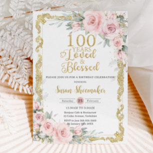 Invitación Floral rosa Rubor de época 100 años querida