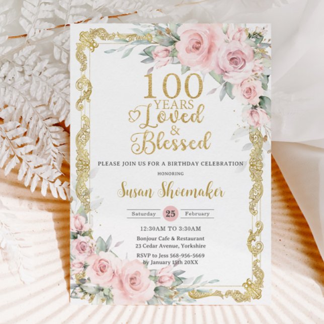 Invitación Floral rosa Rubor de época 100 años querida (Subido por el creador)