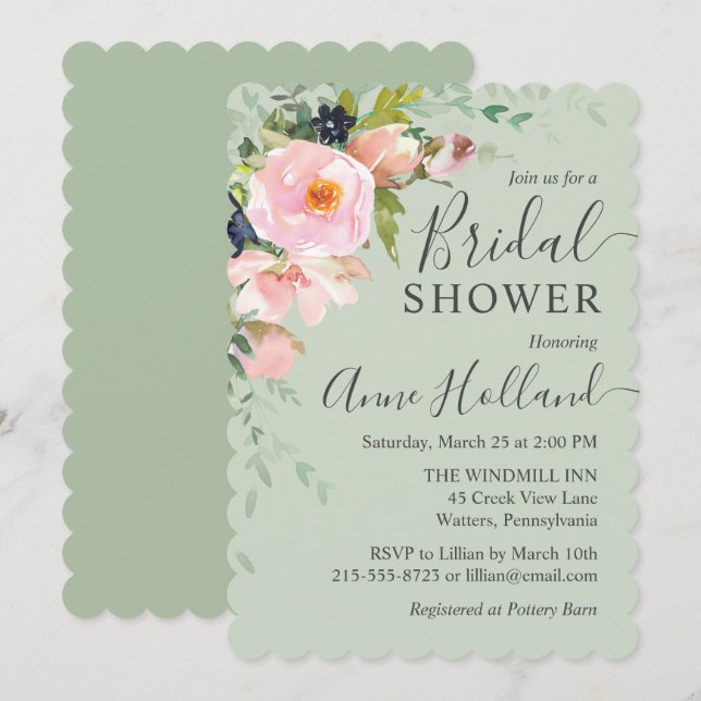Invitación Floral rosa Rubor en una ducha verde salvaje (Anverso / Reverso)